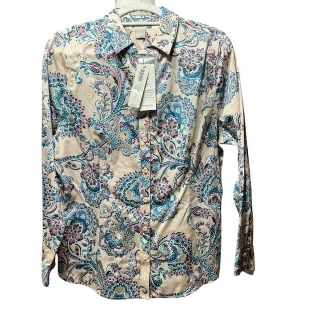 Chicos Shirt Womens 2 L No Iron Sateen Paisley Floral Blue Pink Cotton Button Up